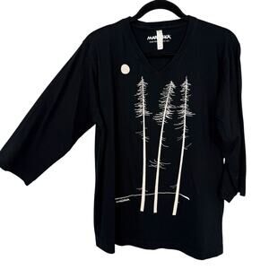 Marushka Tall Pines Print V Neck Long Sleeve Tee Black Size Large